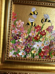 Bee, Honeybee Wild flowers, original,miniature Painting,small,mini, Framed