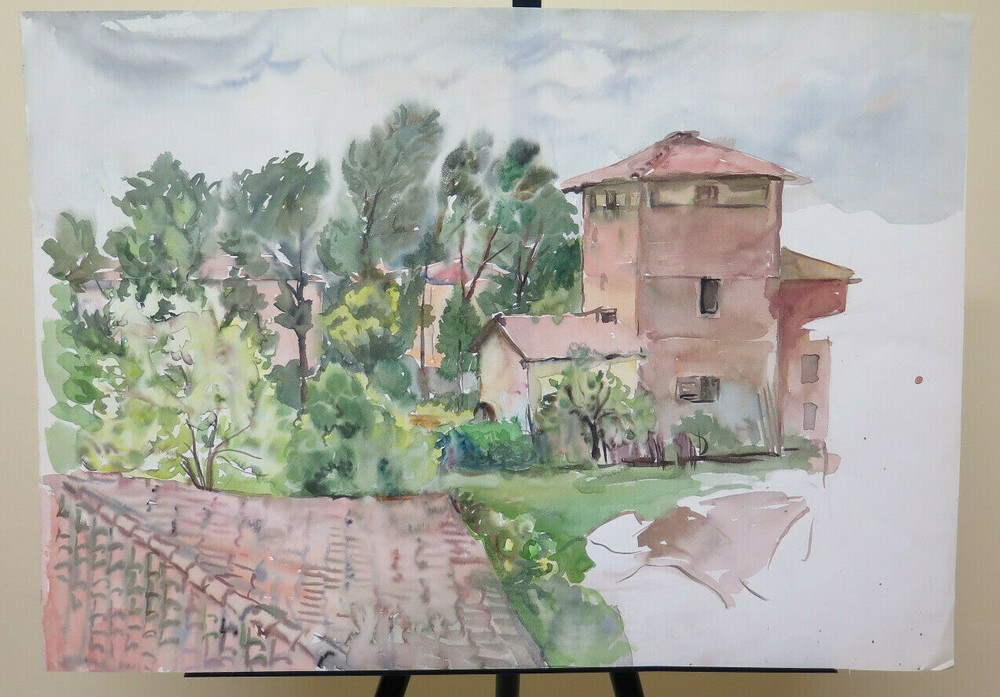 67X47 Cm Painting Vintage Watercolor Landscape View Of The Village P32