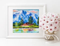 Original Painting Lake Tahoe California Pine Tree Mountain Landscape 7 x 8″