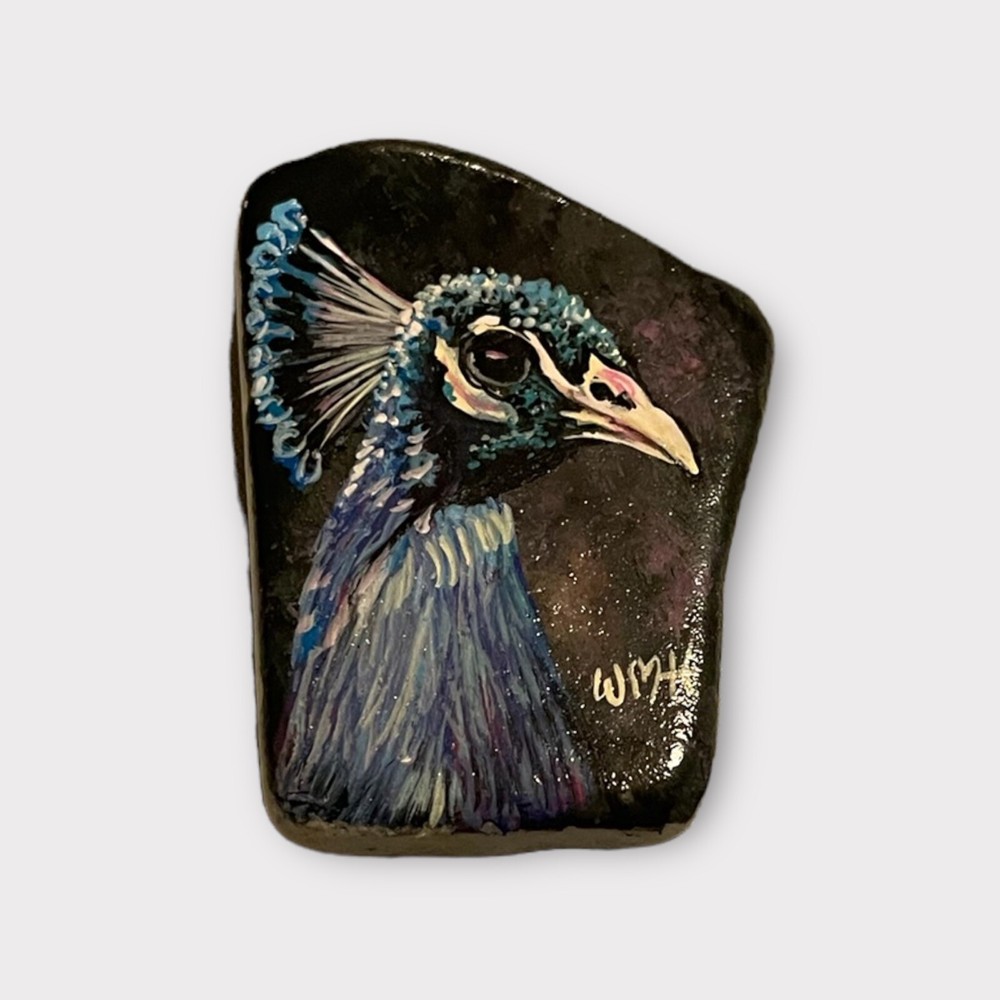 mini peacock Acrylic painting on stone, Sealed And Signed, 1.25 X 2 Inch 1N