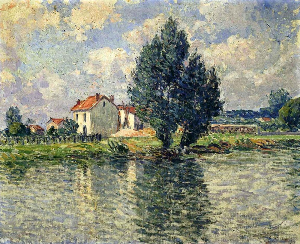Oil painting impression summer landscape By-the-River-Henri-Lebasque-old town