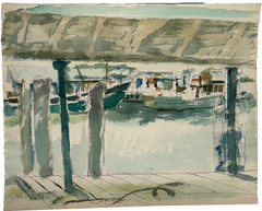 Dockside Boats 24 x 19 Modernist Watercolor Painting-Circa 1950s-Armando Sozio