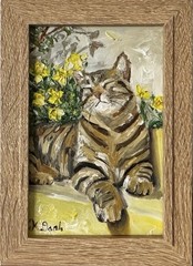 ORIGINAL OIL PAINTING TABBY CAT SUNBATHING SIGNED FRAMED 4×6