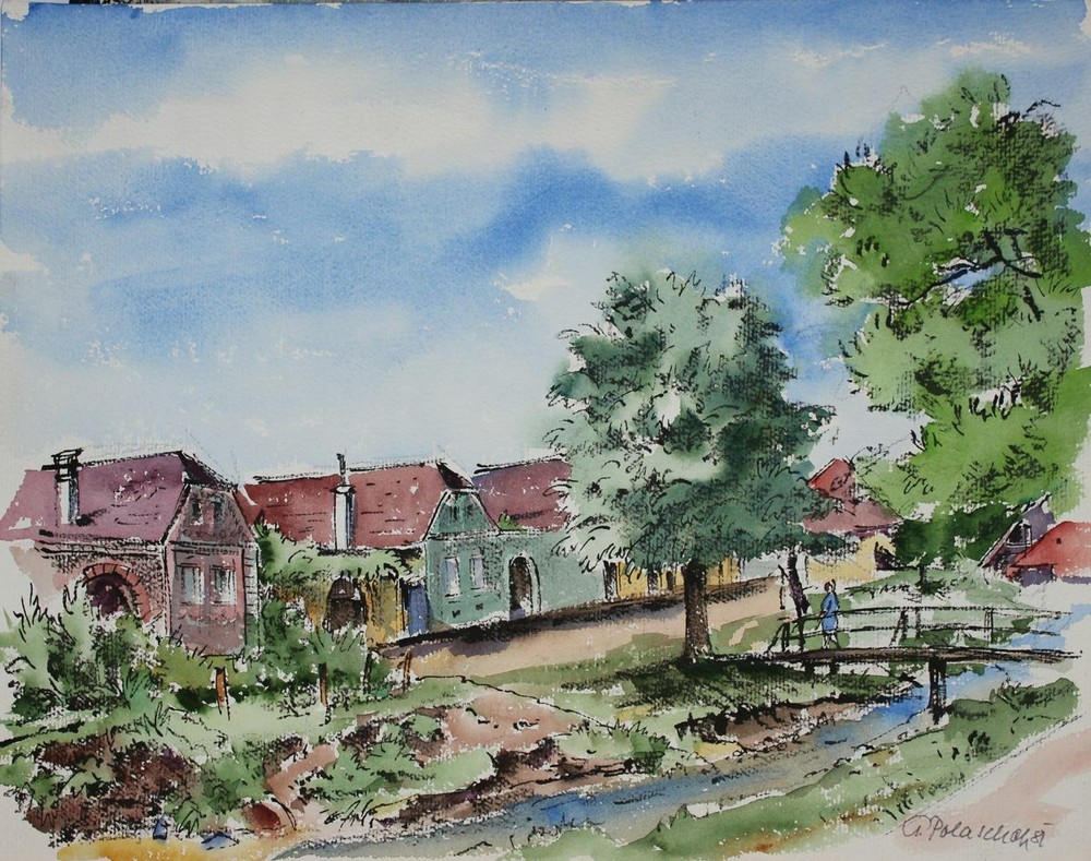 Gottfried Polaschek (1911-1988) – Village Street Watercolor 1981 Sudetenland