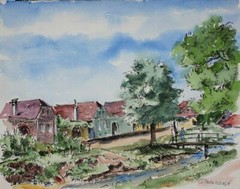 Gottfried Polaschek (1911-1988) – Village Street Watercolor 1981 Sudetenland