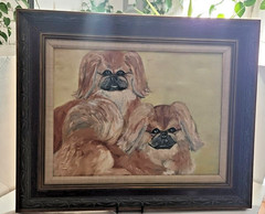 Vtg Oil Painting on MDF Pair of Pekingese Dogs by Joyce Key 26″ by 32″ in Frame