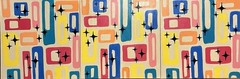 Three Canvases Painted In Acrylic In Mid Century Style Modern Colors