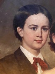 Antique 19thC American Victorian Portrait Painting of Siblings – Oil On Canvas