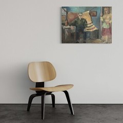Vintage Outsider Interior with Two Figures (c. 1950, Oil on Board)