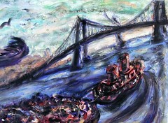 FLOATING FEAST Arthur Robins Original Oil NYC Cityscape Tugboat Birds Bridges