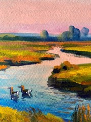 Oil Painting Ducks In The River V. Simashchuk Unframed Original nAAA3578