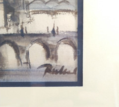 Framed Under Glass Watercolor of The Charles Bridge Prague Signed Blue Frame