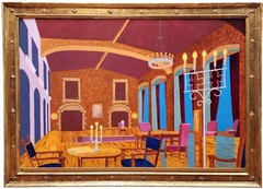 STYLE Of EYVIND EARLE, DISNEY, GOTHIC INTERIOR, VINTAGE OIL ON CANVAS, UKNOWN
