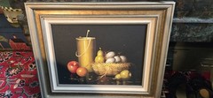 Vintage Oil Painting On Canvas Still Life Fruit, Eggs Decanter artist signed