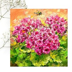 Original Oil Painting Impasto Geranium Honey Bee Flowers Blossom 6x6in Signed