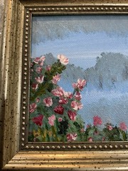 “Pink Calm” Floral Acrylic Painting Signed Holly Nellis Gold Framed Wall Art
