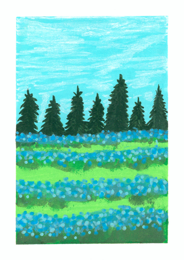 ACEO Original Blue Flowers Field Sky Miniature Painting Landscape OneCraftyLady