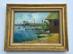 ANTIQUE PAINTING IMPRESSIONISM REGIONALISM MARINA NAUTICAL PORT BOAT DOCK OLD