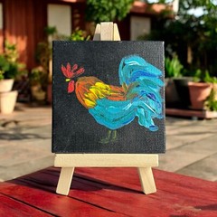 Miniature Rooster Oil Painting On Canvas Turquoise Red Orange Yellow On Black