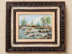 Vintage mid-century oil painting on canvas panel, signed “R. Freeman