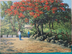 Jorge Romero vintage 80’s painting Campo y Flamboyanes -Puerto Rico Art Latin Am