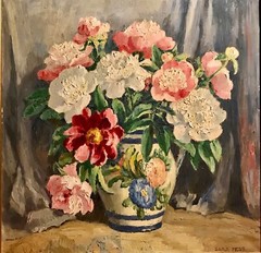SARA MAE HESS (CALIFORNIA/ILLINOIS,1875-1960),”PEONIES”,OIL ON CANVAS,ORIG FRAME