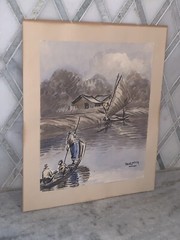 Vtg 1940-50s Sail Boat Sea Nautical Watercolor Signed 10.25”x12.25” (8”x9.75”)