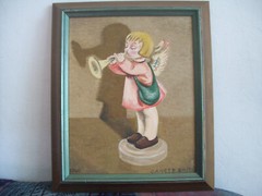 VINTAGE OIL PAINTING ON CARDBOARD -YOUNG ANGEL PLAYING TRUMPET