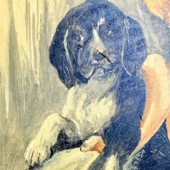 Antique 1883 Oil Painting Girl Spaniel Puppies Victorian Wood Panel Walnut Frame