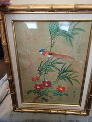 Vintage Chinoiserie Bird & Flowers Painting 19.75in X 15.75in