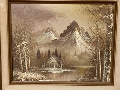 VTG Original Oil Painting Mountain/River Landscape Framed Linen Border 15”x 13”