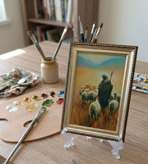 Shepherd Sheep Original Oil Painting 4×6 Framed Signed Farmhouse Landscape Art
