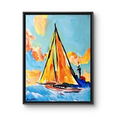 Original Abstract Painting Sailboat Canvas Neo Expressionist Fine Art Decor 9×12
