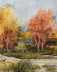 7X10” Original Watercolor Pamela Wilhelm Autumn Homestead Road Landscape