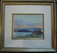 ANTIQUE FRAMED WATERCOLOR EVENING LANDSCAPE LOWER DANUBE SUNSET