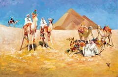 YARY DLUHOS Arabian Desert Landscape Camels Bedouins Original Art Oil Painting