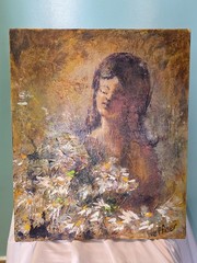 Original Lynne Heffner Oil Painting Female Floral Portrait Impasto Mid Century