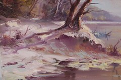 Antique Mountain Stream Landscape Oil Painting On Canvas Signed Illegible