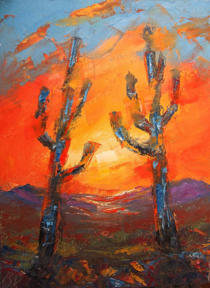 Two Mexican Cacti at Sunset 10×14″ Oil Painting Saguaro Cactus in Sonoran Desert