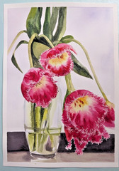 Pink Tulips Floral Watercolor Painting Flowers in Vase Romantic Botanical Art