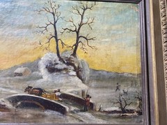 Large Antique „Winter Landscape With Figures Scene“ Oil Painting – Signed/Framed