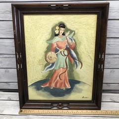 Watercolor Mid Century Painting Asian Japanese Lady in Kimono Ornate Wood Frame