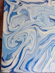 Abstract Fluid Pour Painting 6 x 6 Canvas Board Home Decor Wall Art White Blue