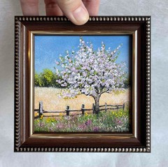 Original Oil Painting Village Landscape Field Apple Flowers Wall Art 4 x 4 in