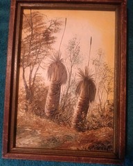 VINTAGE JOHN DIMECH ACRYLIC PAINTING on HARDBOARD AUSTRALIAN OUTBACK GRASS TREES