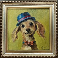 Dog in Hat Original Oil Painting 4×4 Framed Signed Funny Puppy Dog Pet Animal Ar