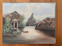 Vtg Oil Painting of Chapel Gazebo on a Swiss River on Slate Board Water Mountain
