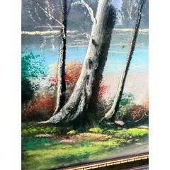 Antique Large Pastel Chalk Painting Mountain Lake Scene Gold Frame 32.5×20.5″