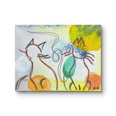 Original Two Friendly Cats Mixed Media Art Painting 11×14 Abstract Line Drawing