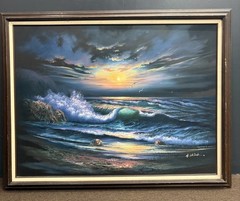 Huge Vintage Seascape Oil Painting Luminous Wave Large MCM 54×43 Made In Mexico